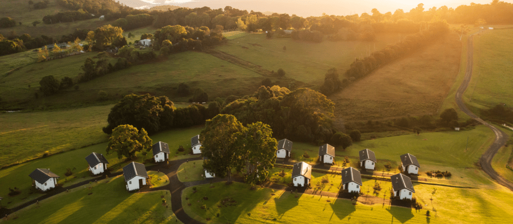 Aerial view of Hazelwood Estate showing hinterland views from King Farm Cabins
